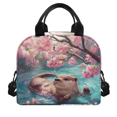 Flashideas Cherry Blossom Otter Backpack for Girls Kids Backpack with Lunch Box Stainless Steel Water Bottle and Water Bottle Holder 4Pcs Set 17" Bookbag with Compartments for School Sturdy School Bag - color: Cherry Blossom Otter