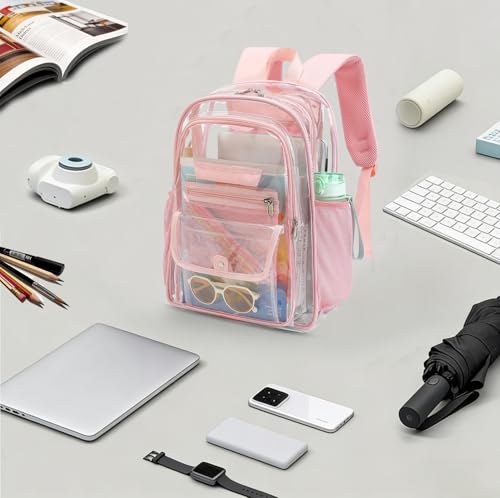 Clear Backpack for Girls Boys Women Men, Heavy Duty Transparent PVC Bookbag for School College Work See Through Backpack,Pink - color: Pink