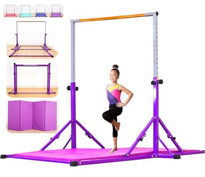 Marfula Gymnastic Bar For Kid and Teenage of 3-25, 5Ft/8 FT Base Length 4Ft Width 5Ft Adjust Height, Gymnastic Kip Bar For Gymnast, Gymnastic Training Equipment For Professional Training Home Club Use - color: Purple (Bar with Mat - 8 Ft Base)