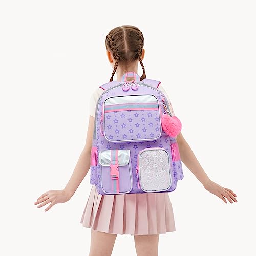 Meetbelify Aesthetic Backpack for Girls - School Backpack with Lunch Box for Elementary to Teen Girls, Cute School Bag, Purple - color: Star Purple 3pcs