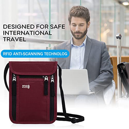 Travel Pouch Neck Wallet Family Passport Holder Organizer Case with RFID Blocking | Family Passport Holder - color: Wine Red