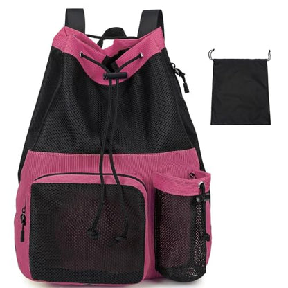 Lohol Large Mesh Drawstring Backpack with Shoe Bag, Durable Swimming String Sack with Handle for Sports Gym Yoga Beach Travel - color: Pink