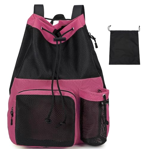 Lohol Large Mesh Drawstring Backpack with Shoe Bag, Durable Swimming String Sack with Handle for Sports Gym Yoga Beach Travel - color: Pink
