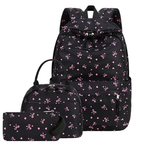 CAMTOP Girls Backpack with Lunch Box Set, Cute Bow School Backpack for Kids, 3-in-1 Lightweight Lunch Bag and Pencil Pouch - color: Black Pink Bow