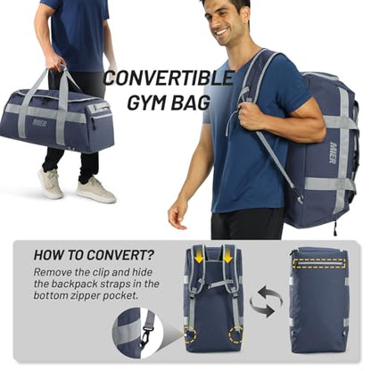 MIER Gym Bag for Men Large Duffel Backpack with Shoe Compartment, 60L Convertible Duffle Bags Weekender Overnight Bag for Gym Sports Travel, Blue - color: Blue