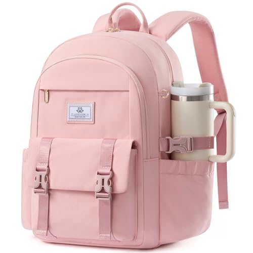 LOVEVOOK School Backpack for Teen Girls Boys,Bookbag for Middle High Student with Pouch Pocket for Large Bottle, Preppy College Bookbag, Waterproof Travel Daypack with 15.6 inch Laptop Compartment - color: Pink, size: Medium-15.6" with Side Straps
