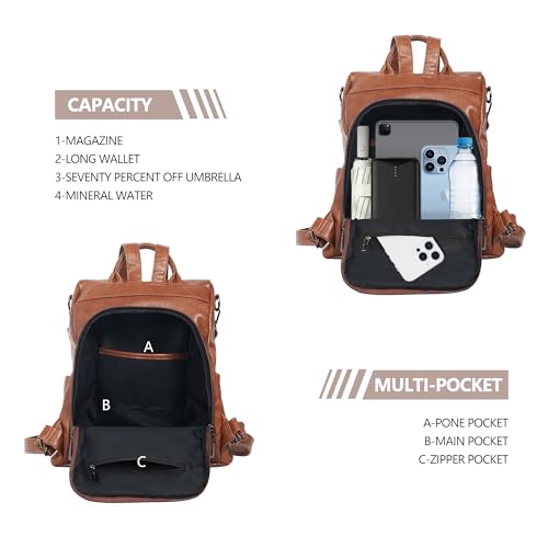 Women Backpack Purse PU Leather Anti-theft Casual Shoulder Bag Fashion Ladies Satchel Bags - color: Brown, size: Medium