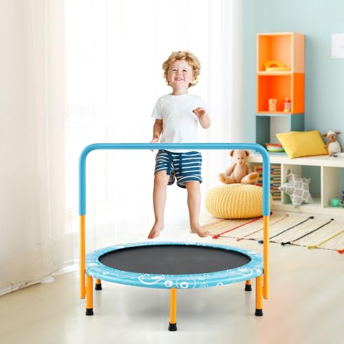 Giantex 36-Inch Mini Trampoline for Kids, ASTM Approved Foldable Rebounder Trampoline with Foamed Handle, Max Loaded 330 lbs, Indoor Safety Padded Fitness Trampoline - color: Light Blue+Orange
