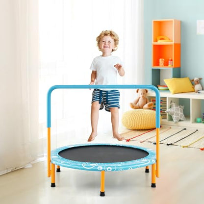 Giantex 36-Inch Mini Trampoline for Kids, ASTM Approved Foldable Rebounder Trampoline with Foamed Handle, Max Loaded 330 lbs, Indoor Safety Padded Fitness Trampoline - color: Light Blue+Orange