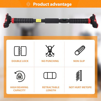 Adjustable Pull Up Bar for Doorway – Secure Lock, No Screws Needed – Heavy Duty, Supports 550 lbs – Integrated Bubble Level – Non-Slip Chin Up Bar – Fits 27"-42" Door Frames – Strength Training