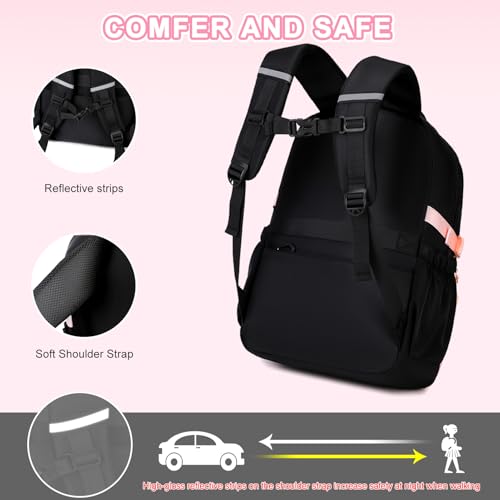 Scothen 3PCS Girls Backpack for School, Kids Backpack for Girls with Lunch Bag Pencil Case, Kids Bookbag Teen Backpacks for Elementary Middle High School (Black-Pink) - color: Black-pink