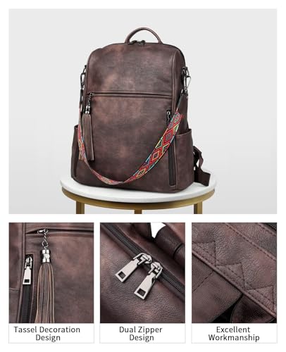 FADEON Leather Backpack Purse for Women Designer Travel Backpack Purses PU Fashion Ladies Shoulder Bag with Tassel - color: 1 Coffee Brown Retro Style