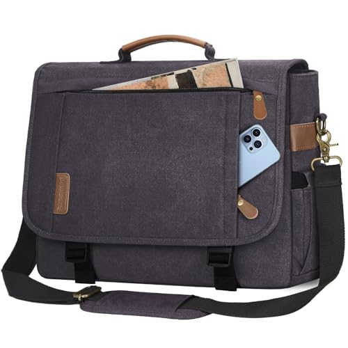 RAINSMORE Messenger Bag for Men 17-17.3 Inch Laptop Bag Water-resistant Canvas Computer Shoulder Bag Office Work Briefcase Large Casual Satchel Bags for Men Bookbag for College, Gray - color: Grey
