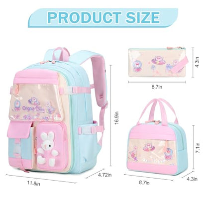 FIXITOK Girls Backpack Set, 3PCS Kids Backpack for Girls, Kawaii Bunny School Backpacks for Girl Kindergarten Elementary Preschool Middle School Bags with Lunch Box Pencil Case Aquamarine - color: Aquamarine