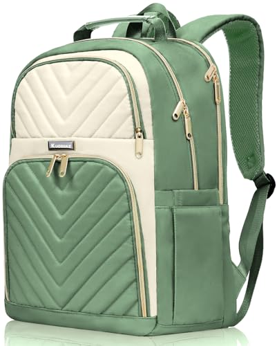 Travel Laptop Backpack for Women Men, 15.6 Inch Quilted Work Backpack Purse | School Backpack for Teens Girls Boys, Large Teacher Student Bookbags, Casual Daypacks, Beige & Green - color: Light Green-beige, size: 15.6 Inch