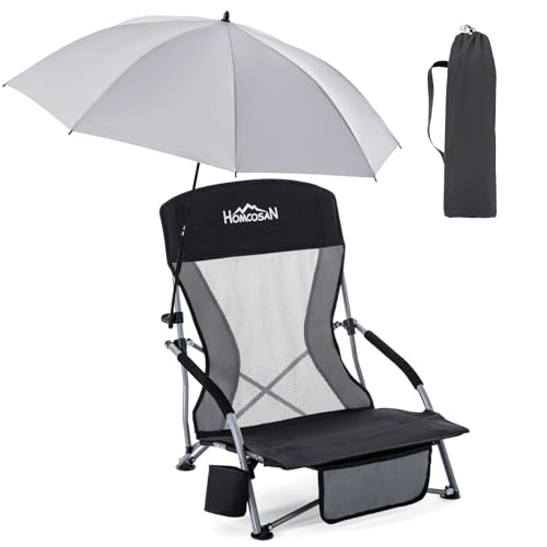 Homcosan Portable Low Folding Beach Chair with Detachable Umbrella - Lightweight Camping Chair for Adults with Cup Holder & Storage Pocket, Carry Bag Included (Black & Gray) - color: Black & Gray, size: 1 Pack, style: chair with umbrella