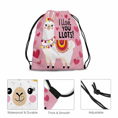 Drawstring Backpack Bag Sports Gym Sack Cute Alpaca Lettering I Llove Llots Pink Heart Background Shoe Bag for Women Men 14x16.9 Inch - color: Cute Alpaca