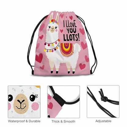 Drawstring Backpack Bag Sports Gym Sack Cute Alpaca Lettering I Llove Llots Pink Heart Background Shoe Bag for Women Men 14x16.9 Inch - color: Cute Alpaca