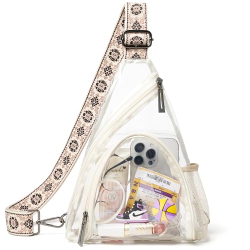 Clear Bag for Stadium Events 12x12x6 Stadium Bag Crossbody Purses Clear Sling Backpack for Concerts Football Games Travel - color: Beige