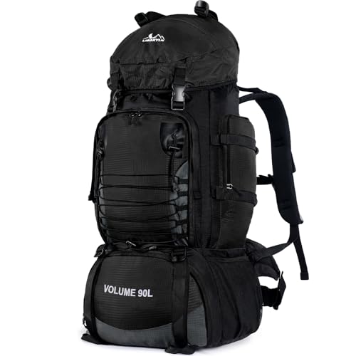 Hiking Backpack, 90L Camping Backpack, Water Resistant Lightweight Outdoor Sport Daypack, Travel Bag for Camping Climbing Touring (Black) - color: Black