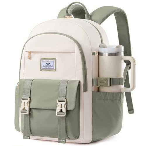 LOVEVOOK School Backpack for Teen Girls Boys,Bookbag for Middle High Student with Pouch Pocket for Large Bottle, Preppy College Bookbag, Waterproof Travel Daypack with 15.6 inch Laptop Compartment - color: Beige-bean Green-sandstone, size: Medium-15.6" wi