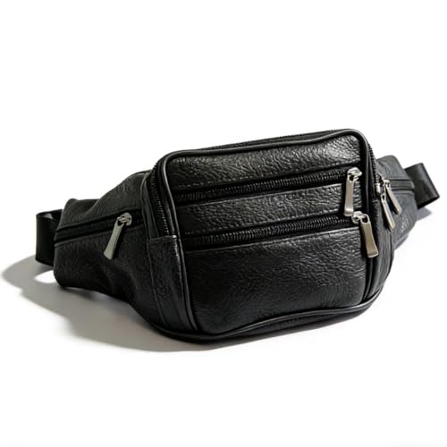 Leather Fanny Pack Travel Waist Bag 7 Pockets Waist Pack.Suitable for Outdoor Mountaineering Travel Camping Cycling Running etc FANNING511 Fanny pack (Black) - color: black