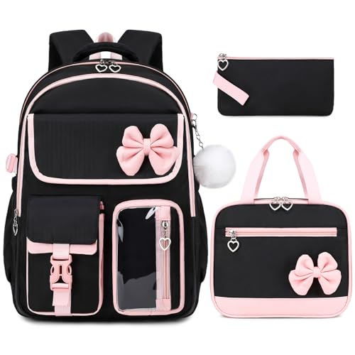 GeeWin Girls Backpack for School with Lunch Box & Pencil Case Set, 17 Inch Waterproof Cute Bow Girls Bookbag for Kids, Teens, Elementary Middle High College School Student (Black/Pink) - color: Black Pink