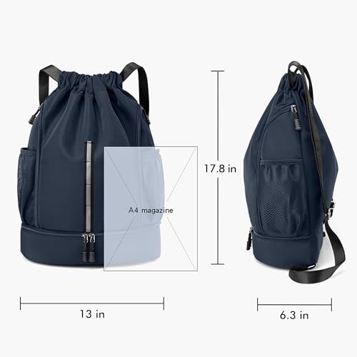 Sport Gym Bag Drawstring Backpack Beach Bag for Men Women with Shoe Compartment and Reflective Strips (Dark blue) - color: Dark Blue