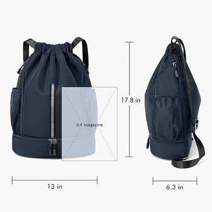 Sport Gym Bag Drawstring Backpack Beach Bag for Men Women with Shoe Compartment and Reflective Strips (Dark blue) - color: Dark Blue