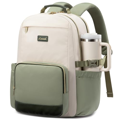 LOVEVOOK Laptop Backpack for Women with Pouch Pocket for Large Capacity Cup,17 Inch Laptop Computer Bag Travel Backpack Purse,Waterproof Work College Teacher Bags,White-Bean Green-Dark Olive Green - color: White - Bean Green - Dark Olive Green, size: 17 I