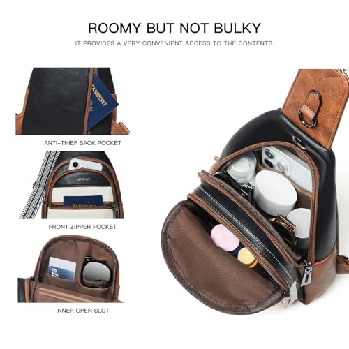 LATMAP 7L Sling Bag For Women Faux Leather Anti Theft Small Casual Daypack Backpack Fanny Pack Crossbody Chest Bags Purse Waterproof - color: 7l-black & Beige W/ Brown Trim