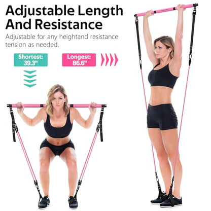 Pilates Bar Kit with Resistance Bands, Multifunctional Pilates Bar for Women & Men with Heavy-Duty Metal Adjustment Buckle, Pilates Home Equipment for Full BodyWorkouts - color: Pink