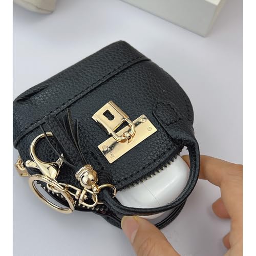 2 pcs Cute Mini Cosmetic Bag for Women PU Leather Backpack Keychain Makeup Bag Key Pocket Lipstick Bag Card Holder Data Cable Organizer Zipper Pouch (Handbag, Black) - color: Black