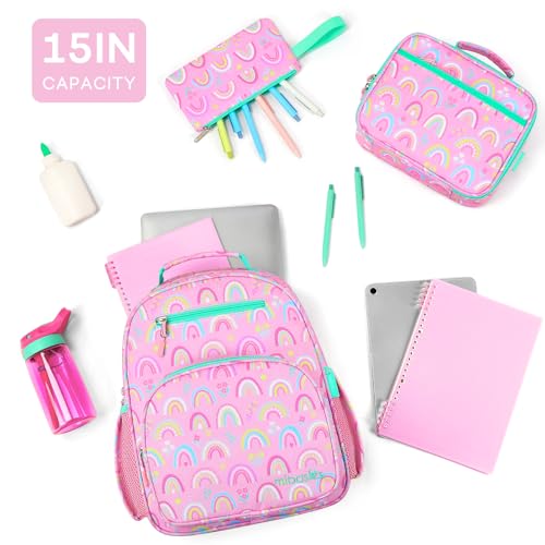 mibasies Girls Backpack with Lunch Box: 3PCS Kids Backpack Set for Kindergarten Elementary - 15 IN Cute Bookbag - Rainbow - color: Rainbow