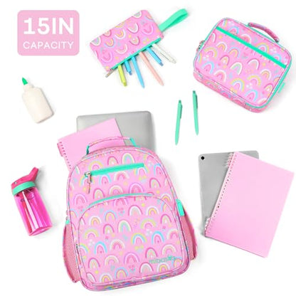 mibasies Girls Backpack with Lunch Box: 3PCS Kids Backpack Set for Kindergarten Elementary - 15 IN Cute Bookbag - Rainbow - color: Rainbow