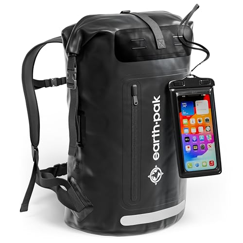 Earth Pak Waterproof Backpack - Heavy Duty Hiking Backpack - Roll-Top Closure Bag - Cushioned Dry Bag Waterproof Phone Case - color: Black, size: 35L