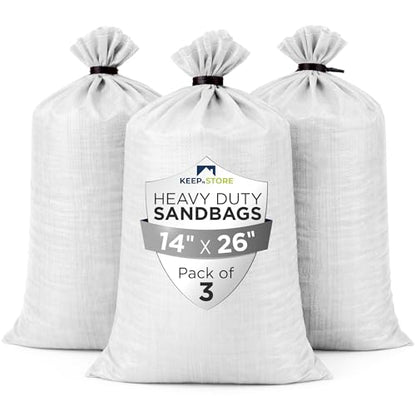 Heavy Duty Sand Bags Pack of 3, White Empty Sandbags with Built-In Ties, Woven Polypropylene UV Protection 1600 Hours, Fillable Bags for Flood Control, Weight, 14x26 inches, 50 Pounds Volume - size: 14"W x 26"L, style: Pack of 3