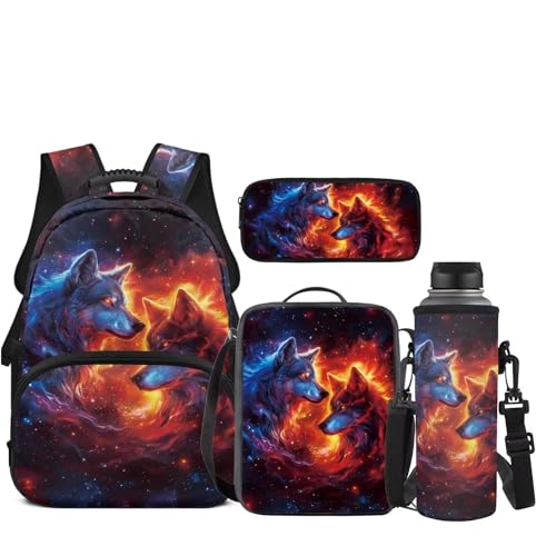 JEOCODY Cool Fire Wolf Kids Bookbag School Backpack with Lunch Box for Girls, Boys Backpack with Water Bottle Holder and Pencil Case Set of 4 School Supplies Organizer - color: Cool Fire Wolf Printedd