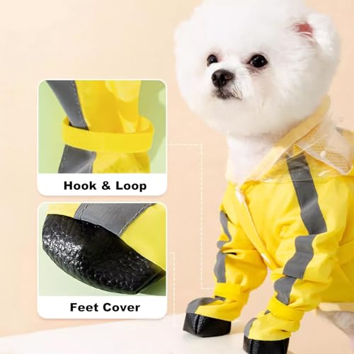 Junchl Small Dog Raincoat Rainboots with D-Ring, Full Coverage Dog Rain Jacket Slicker Poncho, Waterproof Dog Rain Jacket with Reflective Strip, Rainboot, Tail Cover Yellow Backpack S - color: Yellow Backpack, size: S:Back 10"(3-5lb)