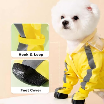 Junchl Small Dog Raincoat Rainboots with D-Ring, Full Coverage Dog Rain Jacket Slicker Poncho, Waterproof Dog Rain Jacket with Reflective Strip, Rainboot, Tail Cover Yellow Backpack M - color: Yellow Backpack, size: M:Back 12"(5-8lb)