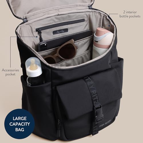 Itzy Ritzy Belong Bucket Backpack – Lightweight Diaper Bag Backpack Featuring 16 Pockets, Bucket Top Opening, Stroller Straps & Changing Pad – Organized and Stylish Everyday Family Backpack (Black) - color: Black