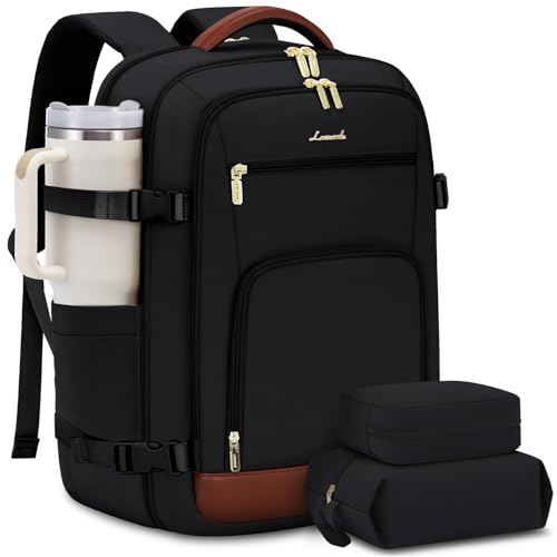 LOVEVOOK Carry On Travel Backpack For Women Men Flight Approved, 40L Personal Item Backpack for Airplanes, Business Weekender Overnight Daypack Fits 17 Inch Laptop, With 2 Packing Cubes, Black-Brown - color: Black-brown, size: 40l-17.3 Inch-3pcs