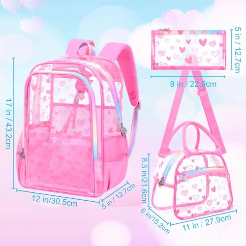 gxtvo 3PCS Girls Clear Backpack Heavy-Duty Set for Women & Teen, 17" Rose Pink Transparent Bookbag with Rainbow Strap, Cute Differentiation Love See Through School Bag - color: Rose Pink Love Clear Backpack Set