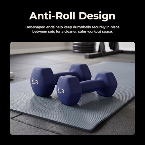 Sunny Health & Fitness Neoprene Coated Hex Shaped Dumbbell Non-Slip Fitness Weights for Home Gym Exercise, Full Body Workout Strength Building, Weight Loss, Sold in Pairs - Sizes - 2LB, 5LB, 8LB, 10LB - style: 8 Pounds