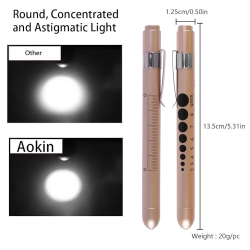 Aokin Medical Pen Light for Nurse Doctor, Reusable LED Medical Penlight Flashlight with Pupil Gauge and Ruler, White Light, Gold - color: Gold