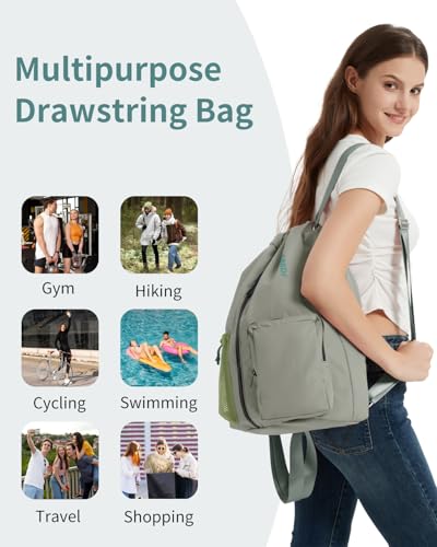 WANDF Drawstring Backpack Sports Gym Bag with Shoes Compartment, Water-Resistant String Beach Sackpack Swim Bag for Women and Men (Dark Green) - color: Dark Green