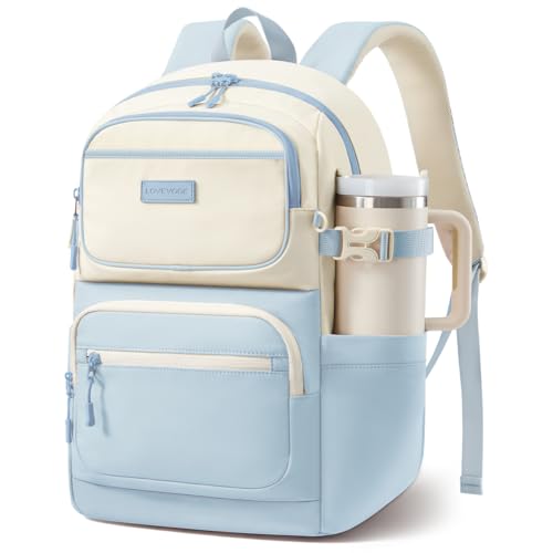 LOVEVOOK School Backpack for Teen Girls & College Students, Large Capacity Laptop Backpack with Water Bottle Holder, Lightweight Bookbag for School, Travel & Everyday Use, Beige-Light Blue - color: Beige-light Blue, size: 15.6 inch