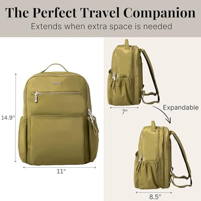 Baggallini Tribeca Expandable Laptop Backpack - 15"x11" Lightweight RFID Computer Bag for Work & Travel with Luggage Sleeve - color: Sage Twill