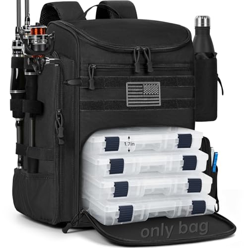 40L Fishing Backpack Water Resistant Fishing Tackle Bag with 2 Rod Holders, Tackle Storage Bag for Anglers(Black,Bag Only) - color: Black
