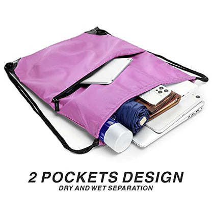 Drawstring Backpack Sports Water Resistant String Bag Sport Gym Sackpack for Women Men Large with Zipper, Pink - color: Pink